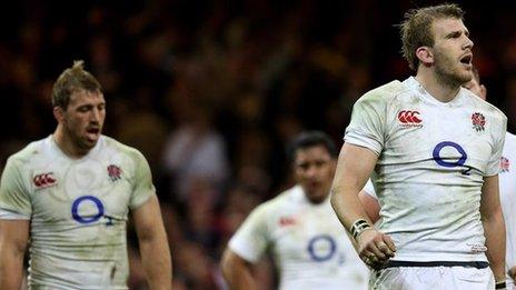 England's Tom Croft (r) and teammates look on during the Six Nations match against Wales