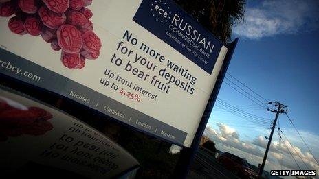 A billboard promoting a Russian bank in Limassol, Cyprus, November 2012