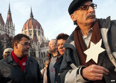 Hungarians protest against anti-Semitism in front of parliament in Budapest, 27 November