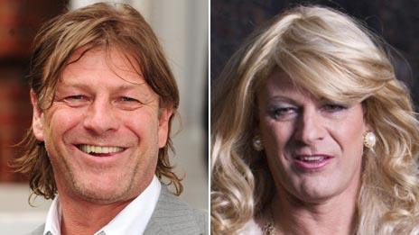 Sean Bean as himself (l) and as 'Tracie' in Accused (r)