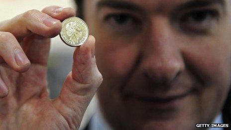 George Osborne holding up a pound coin