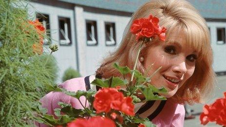 Susan Hampshire outside the dressing rooms at Television Centre during filming of The Forsyte Saga in 1967