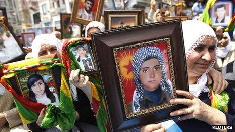 File picture of Turkish Kurdish women holding pictures of their loved ones who were killed in clashes between Kurdistan Workers Party (PKK) guerrillas and Turkish security forces, during a 2011 demonstration in Istanbul