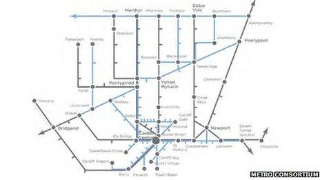 Route map for a potential Cardiff region metro system