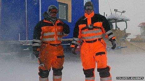 Two expedition members in a snowstorm