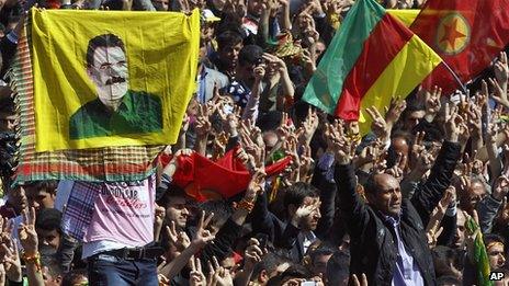 Some thousands of supporters demonstrate waving various PKK flags and images of jailed Kurdish rebel leader Abdullah Ocalan, in southeastern Turkish city of Diyarbakir