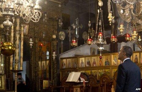 Barack Obama visits the Church of the Nativity in Bethlehem (22 March 2013)