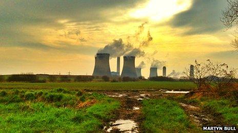 Didcot A Power Station seen across fields at sunset