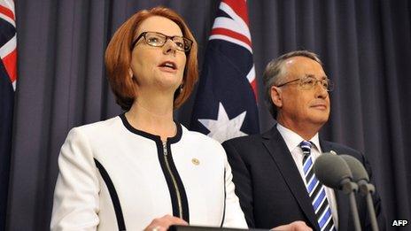 Julia Gillard (L) with Deputy Prime Minister Wayne Swan (R) in Canberra on 21 March 2013