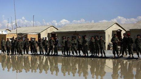 Afghan National Army soldiers (ANA) stand near a pool of water during a ceremony handing over the Bagram prison to Afghan authorities, at the U.S. airbase in Bagram, north of Kabul March 25, 2013