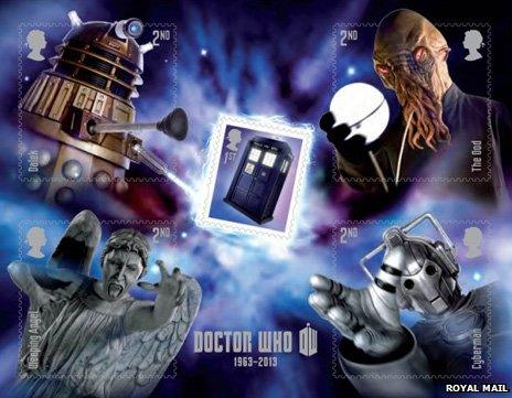 Doctor Who stamps with Dalek, Stone Angel and other baddies