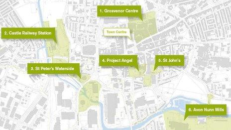 Map of Northampton's 'big six' regeneration projects