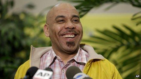 Pedro Quezada, the winner of the Powerball jackpot, talks to the media during a news conference at the New Jersey Lottery headquarters 26 March 2013