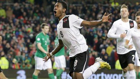 David Alaba celebrates his last-gasp equaliser which stunned the Republic at the Aviva Stadium