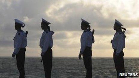 Vietnamese naval soldiers patrolling Truong Sa Dong island in the Spratly archipelago