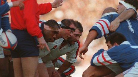 Brian Moore scrummaging for England