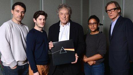 Sir Tom Stoppard, with album, flanked by (l to r) Rufus Sewell, Iwan Rheon, Amaka Okafor and Bill Nighy