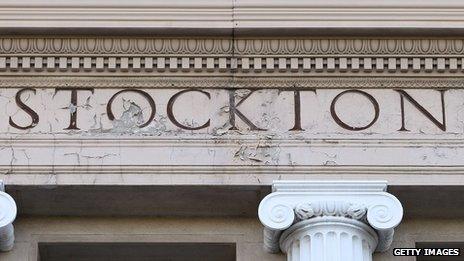 An aging sign is seen at Stockton City Hall 27 June 2012