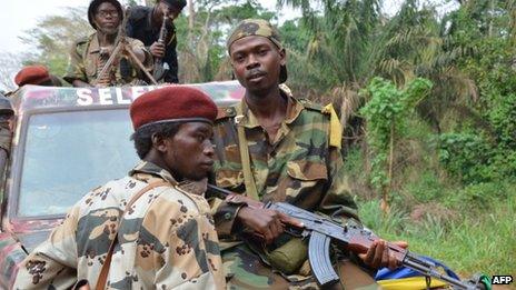 Seleka rebels, who seized Bangui in a rapid-fire assault a week ago, patrol south of Bangui, on 1 April 2013