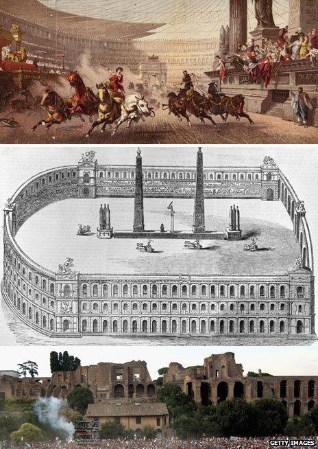 From top, an artist's impression in 1754, 17th Century artwork of Circus Maximus, and the stadium today