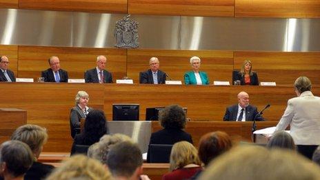 Counsel assisting the commission Gail Furness speaks during the first day of the Royal Commission into the Sexual Abuse of Children at the County Court in Melbourne