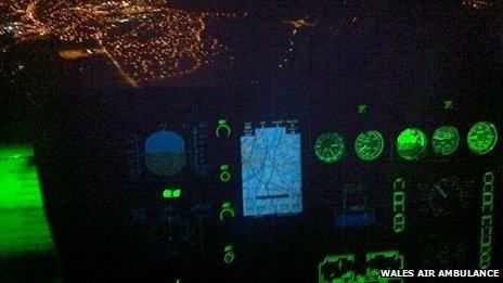 Interior of air ambulance during night flight