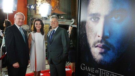 Martin McGuinness and Peter Robinson with Irish actress Michelle Fairley from Game of Thrones