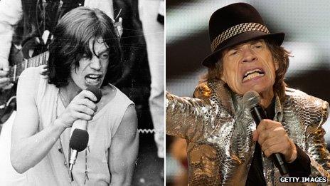 Mick Jagger in 1969 and in 2012, performing at London's O2 arena