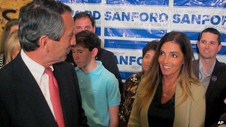 Mark Sanford thanks his fiancee Maria Belen Chapur as he addresses supporters in Mount Pleasant, South Carolina, on 2 April 2013