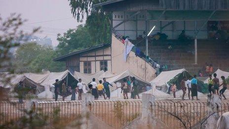 A camp of internally displaced persons at a football stadium in Meiktila