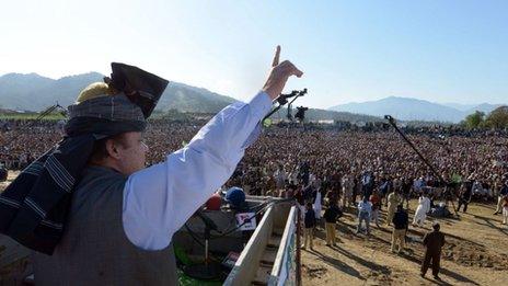 Pakistani former premier and opposition leader Nawaz Sharif addresses supporters during a general election campaign in the northwestern town of Mansehra on March 25, 2013.