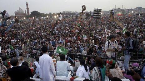 Supporters of Pakistan Tehreek-e-Insaf, or the Movement for Justice take part in a rally in Lahore, Pakistan on Saturday, March 23, 2013.