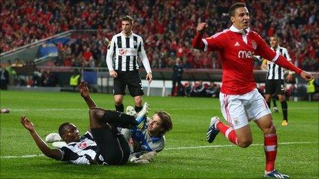 Rodrigo of Benfica celebrates scoring his sides opening goal