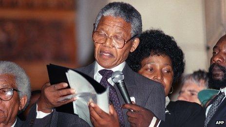 Nelson Mandela delivers his first public speech after his release from prison in Cape Town on 11 February 1990