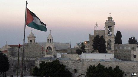 Palestinian flag flies in front of Church of the Nativity (file photo)