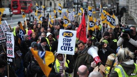 Members of the PCS Union rally outside the Cabinet Office