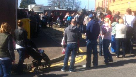 The queue for MMR vaccinations snaking around Morriston Hospital in Swansea