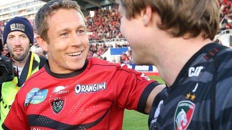 Toulon match winner Jonny Wilkinson is congratulated by former Newcastle and England team-mate Mathew Tait