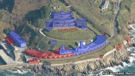 Artist impression showing housing (shaded blue) and residencies (red)