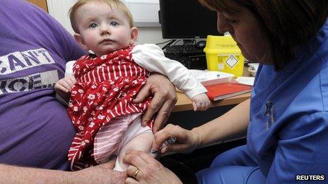 A child is given an MMR injection at the Paediatric Outpatients department at Morriston Hospital in Swansea