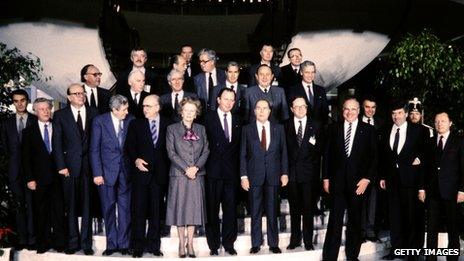 Margaret Thatcher with EU leaders in Luxembourg (2 December 1985)