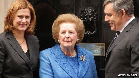 Margaret Thatcher visits Gordon and Sarah Brown at Downing Stree