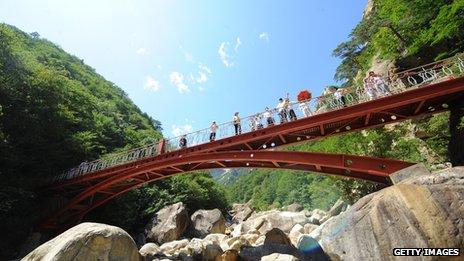 Tourists on a bridge at Mount Kumgang tourist region