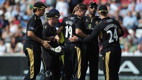 Chris Woakes celebrates taking a wicket in the 2012 CB40 final at Lord's