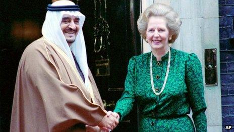 King Fahd of Saudi Arabia shakes hands with Margaret Thatcher - London 25 March 1987