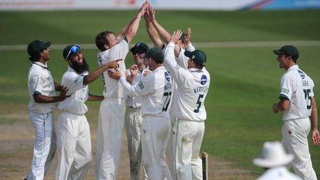 Alan Richardson celebrates one of his eight wickets against Lancashire at New Road, September 2011