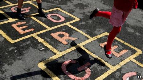 Schoolchildren playing hop-scotch