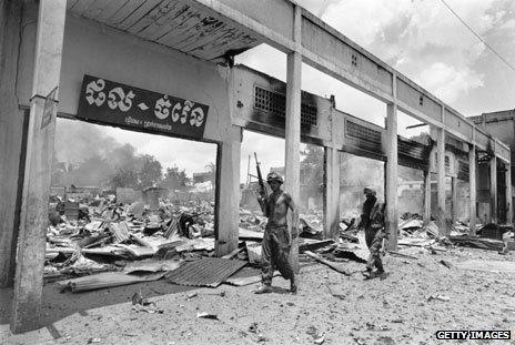 A bombed-out shopping centre in Cambodia, 1970