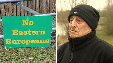 Eddie Whitehead and the sign he put up at Dog Lane Fishery