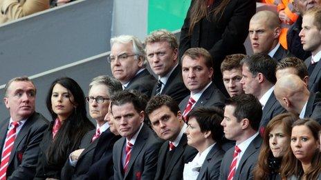 Liverpool FC owner John Henry (front row third left); Everton FC chairman Bill Kenwright (middle row left) and Everton manager David Moyes (middle row second left); Liverpool manager Brendan Rodgers (middle row third left) and player Steven Gerrard (middle row fourth left)